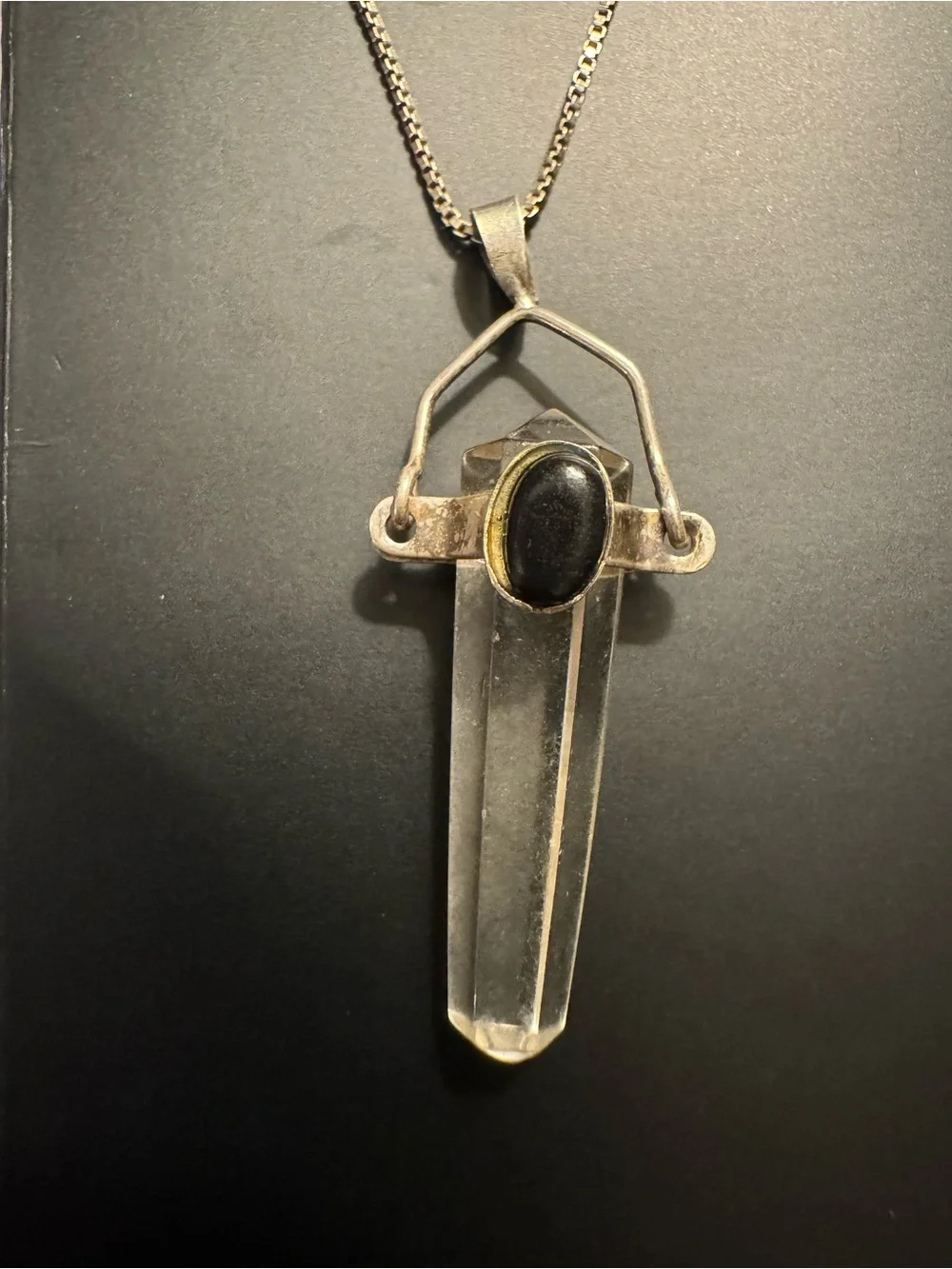 Sterling Silver Natural Quartz Crystal Point & Onyx Pendant Necklace